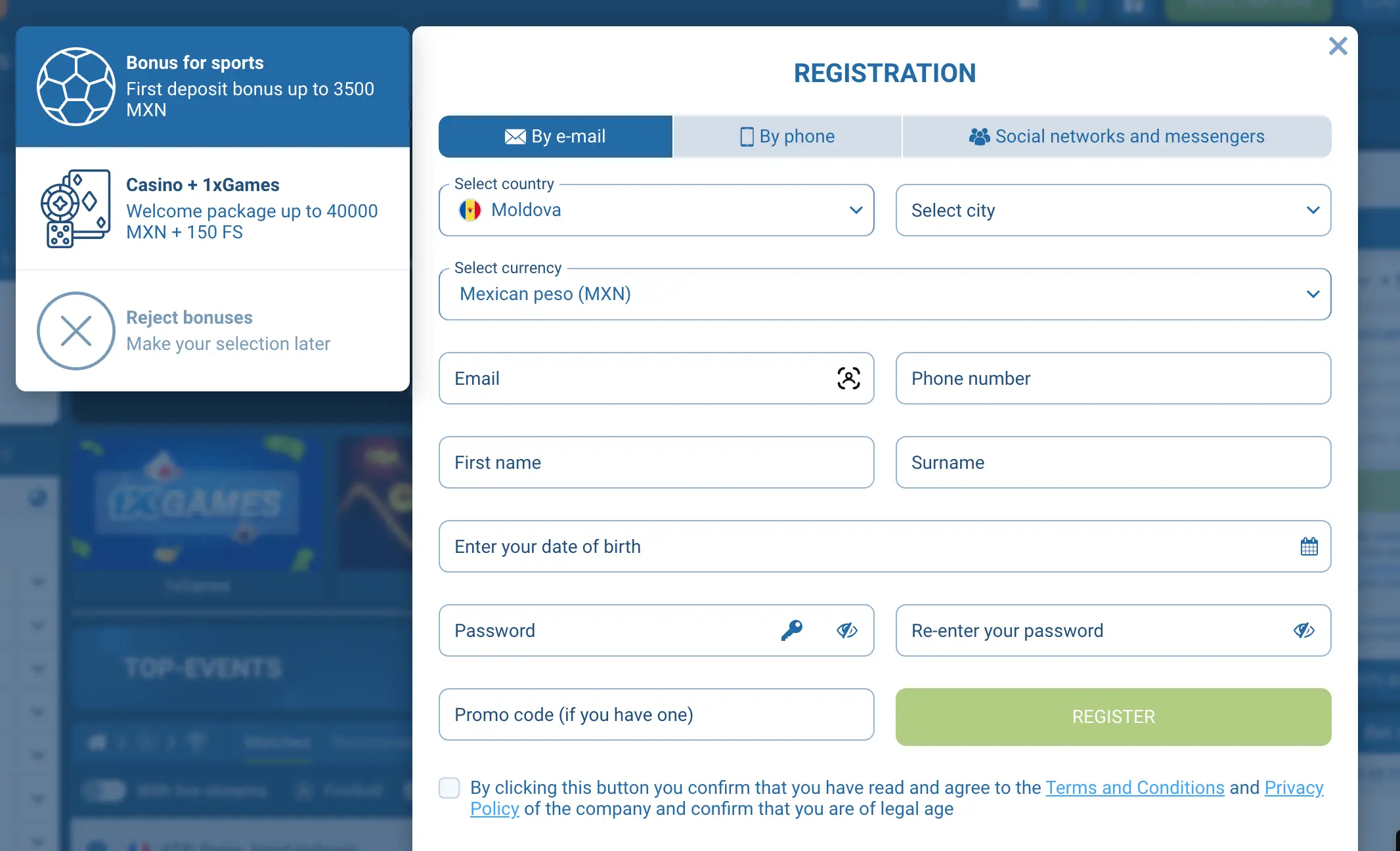 1XBet registration.